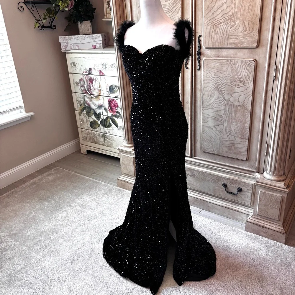 NEW Black Sequin Dress, Black Dress with Feathers Prom NWOT Size XLG - Picture 2 of 13